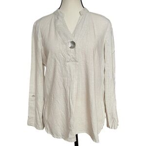 Woman’s‎ Mock V-Neck Linen Cream Blouse with Mother of Pearl look Button Details